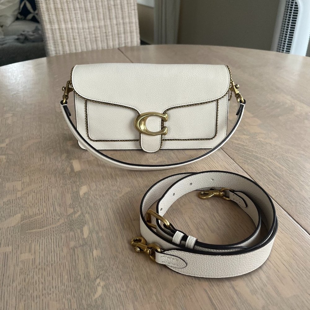 Coach Tabby Pebbled Leather Shoulder Bag w Golden Beaded Trim -White w Crossbody